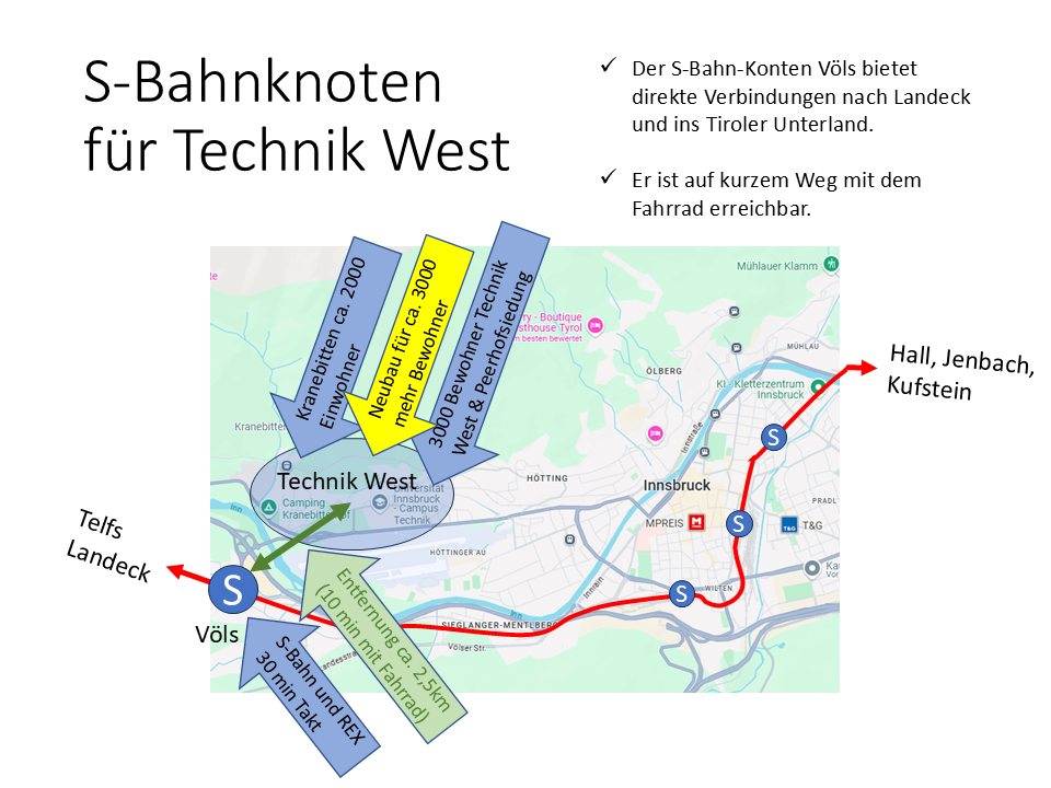 Einzugsgebiet Technik West und Entfernung zum Bahnhof Völs 2km